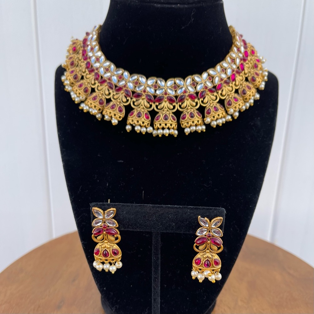 Gold Plated Pink Kundan & Pearl Choker Necklace Set for Women - Picture 7 of 12